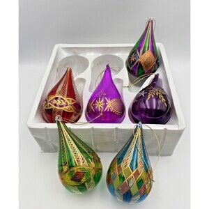 NEW 6 Hand Blown Glass Ornaments Bulb Shaped 4.5" by Penco Multicored Assortment
